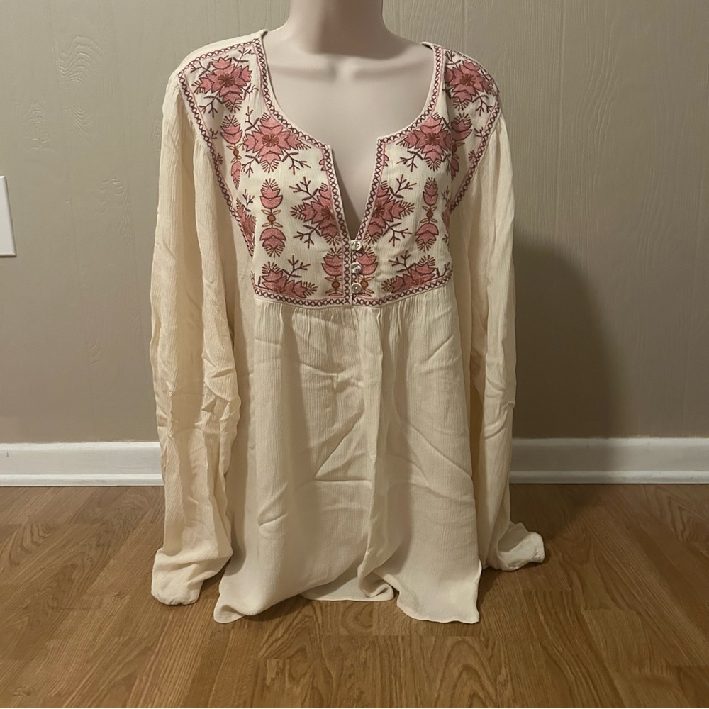 Floral Embroidered Boho Cream and Pink Women's Top